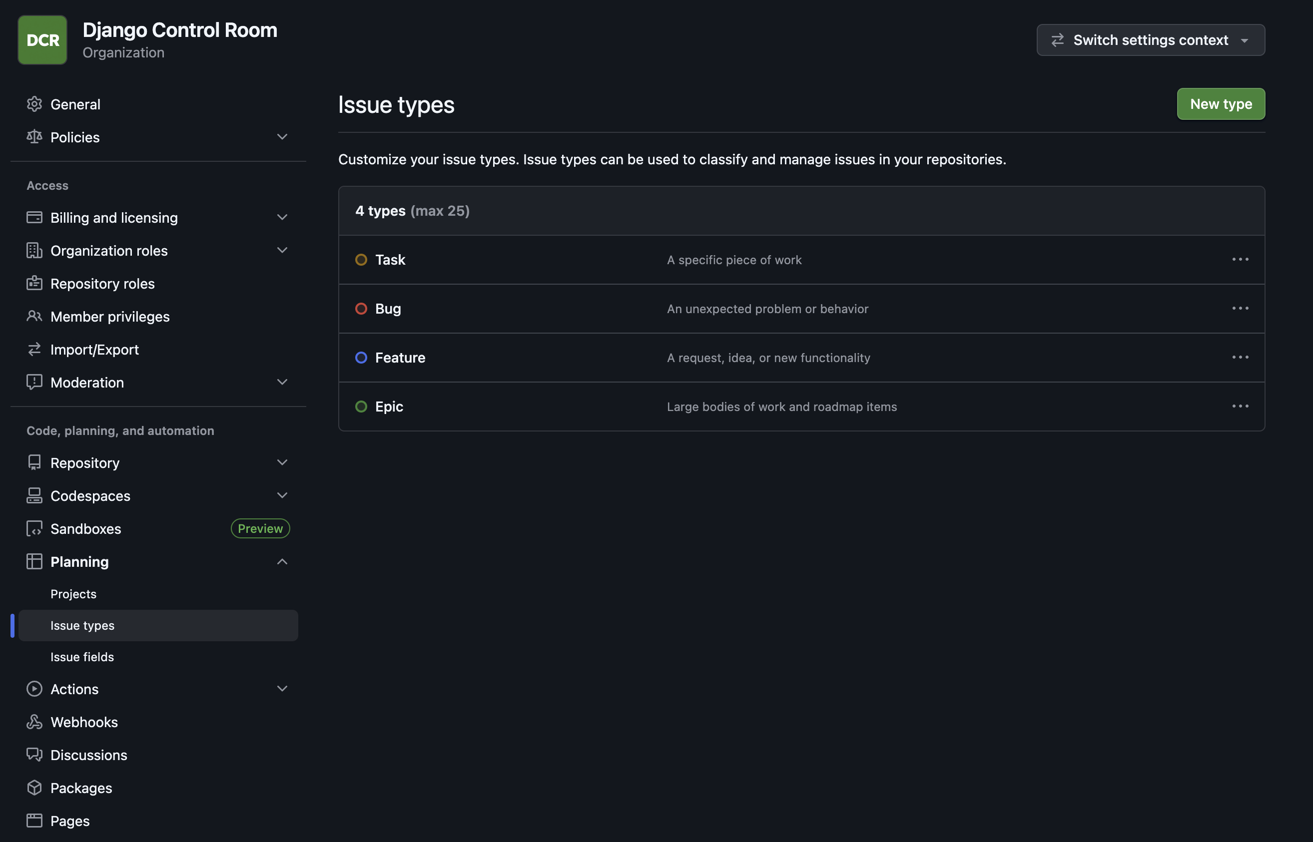 Issue Types Screenshot